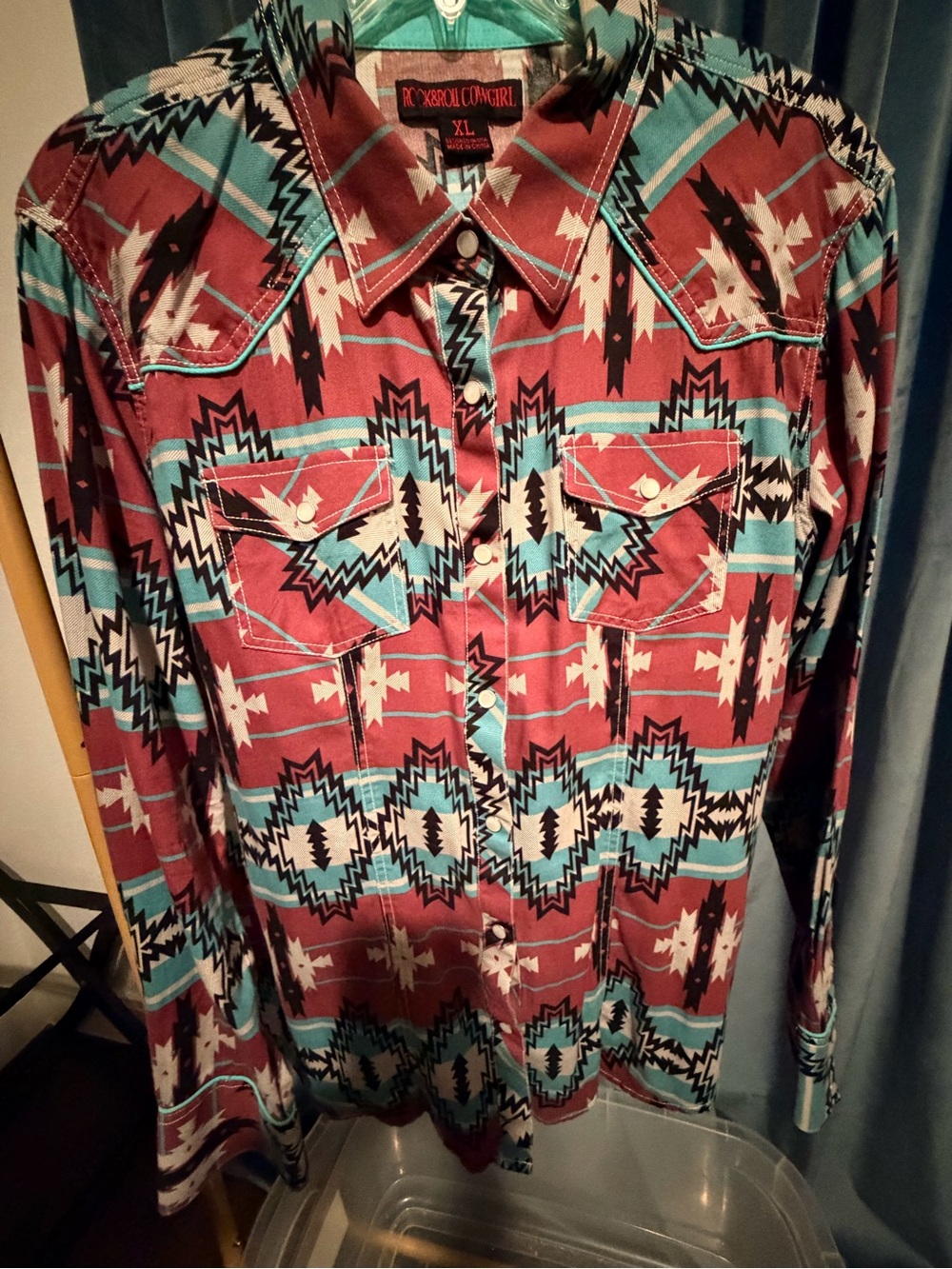 Rock&Roll Cowgirl Maroon & Teal Pearl Snap Western Shirt